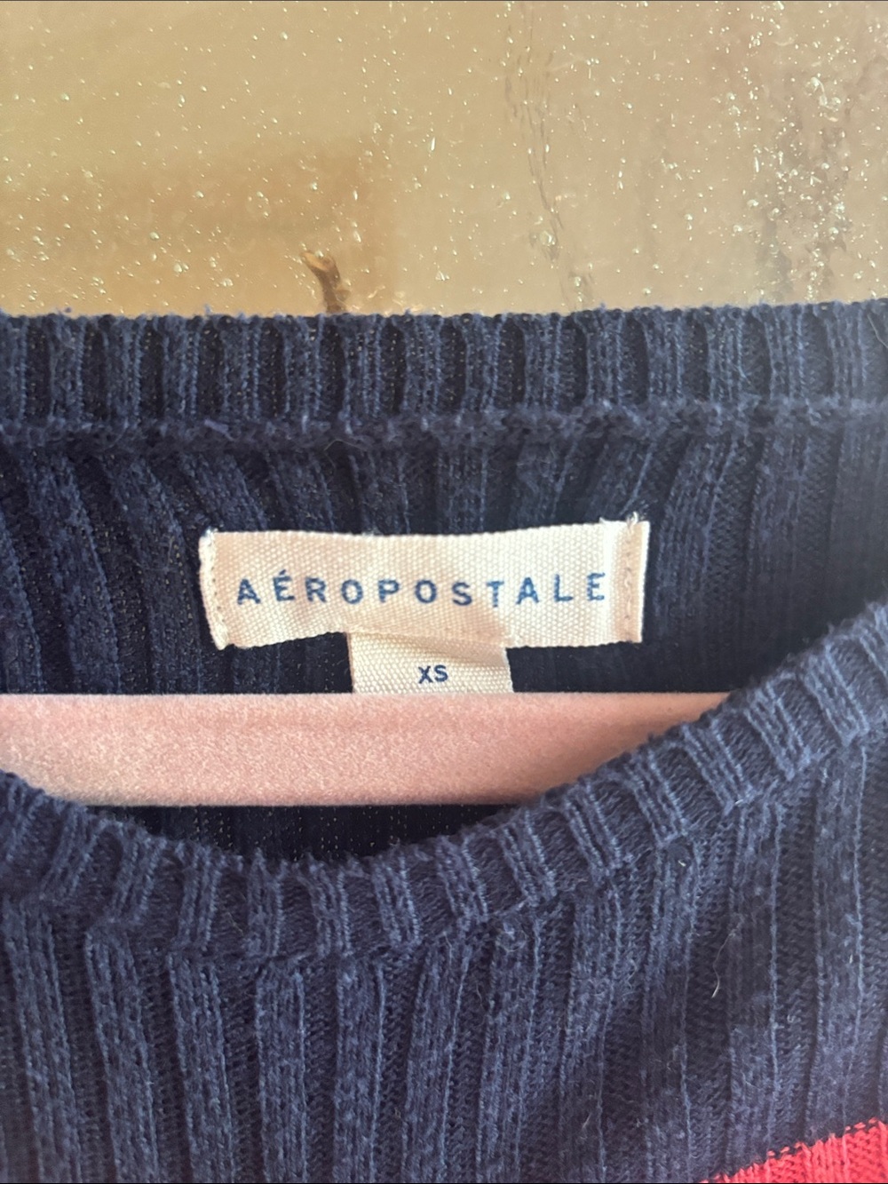 Aeropostale Navy Ribbed Sweater with Multicolor Chest Stripe - Picture 2 of 2